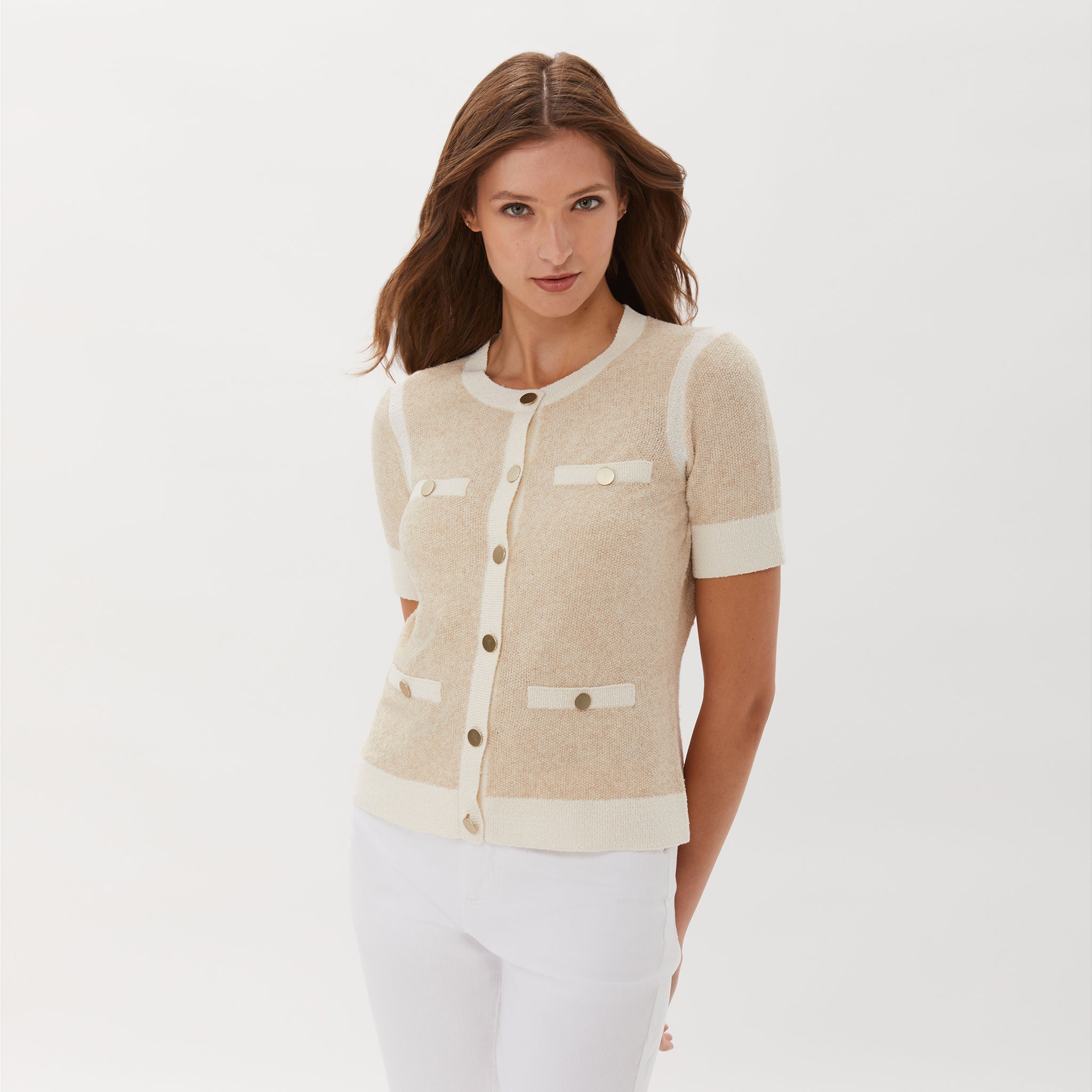 Short Sleeve Sweater Jacket - Pale Flax/Cream – Ecru