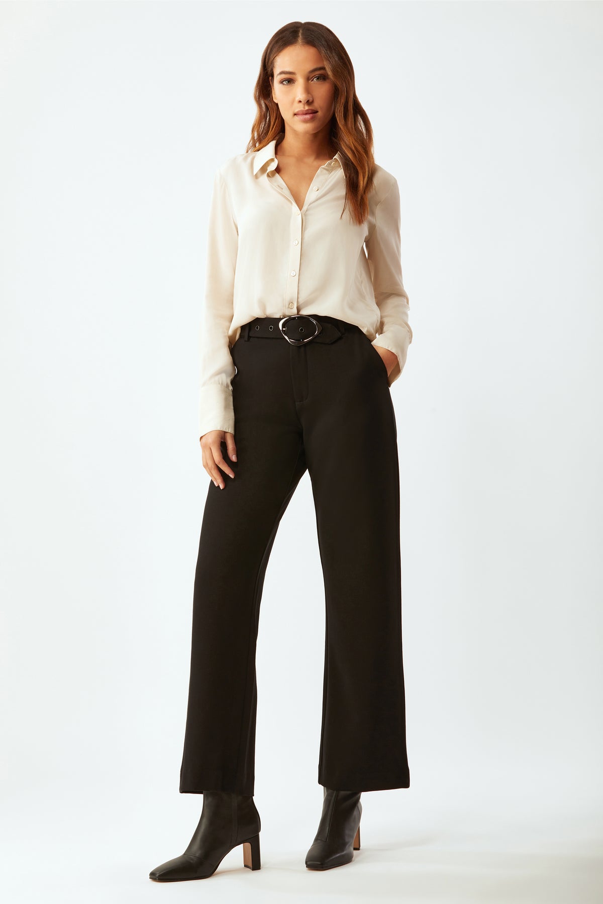 TROUSERS WITH LINED BELT - Ecru