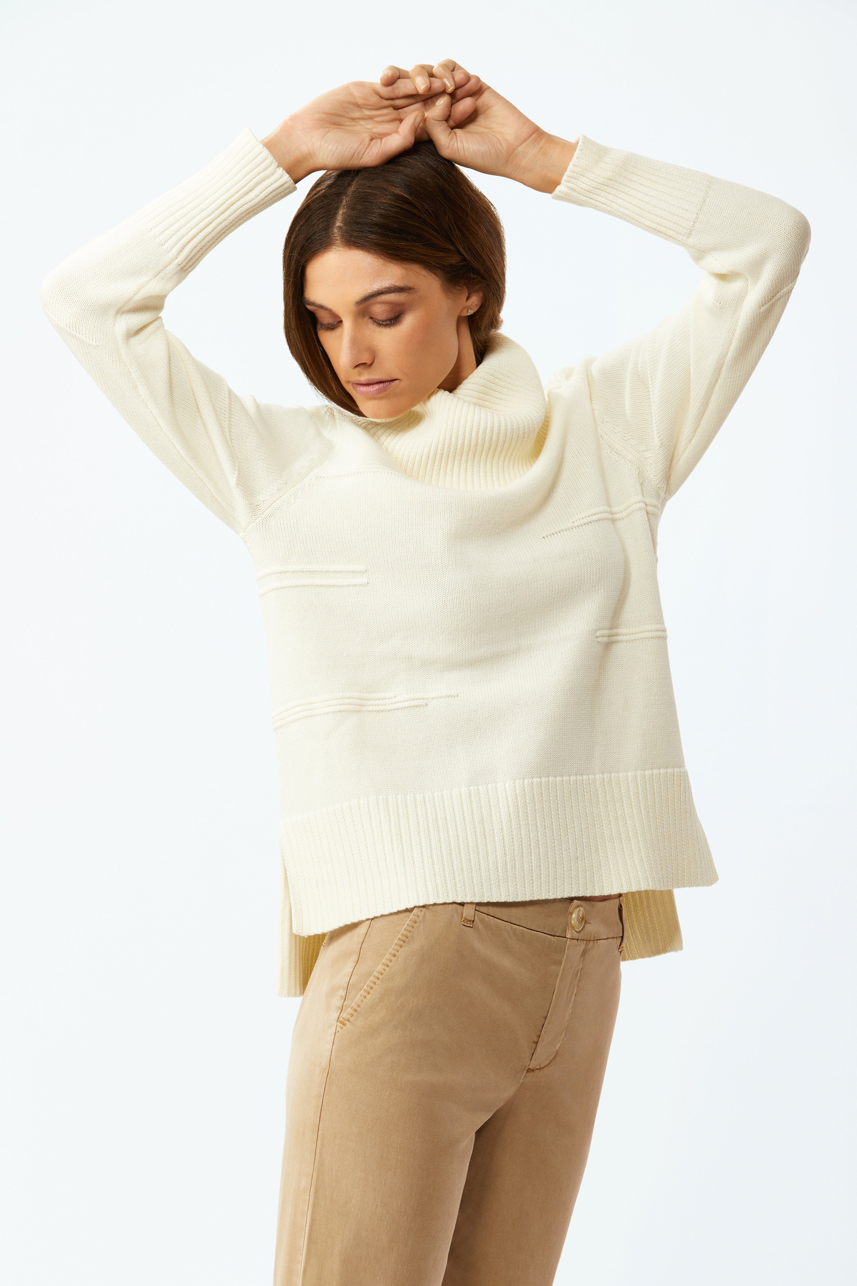 Cowl Neck Sweater With Raised Stitch - Ecru